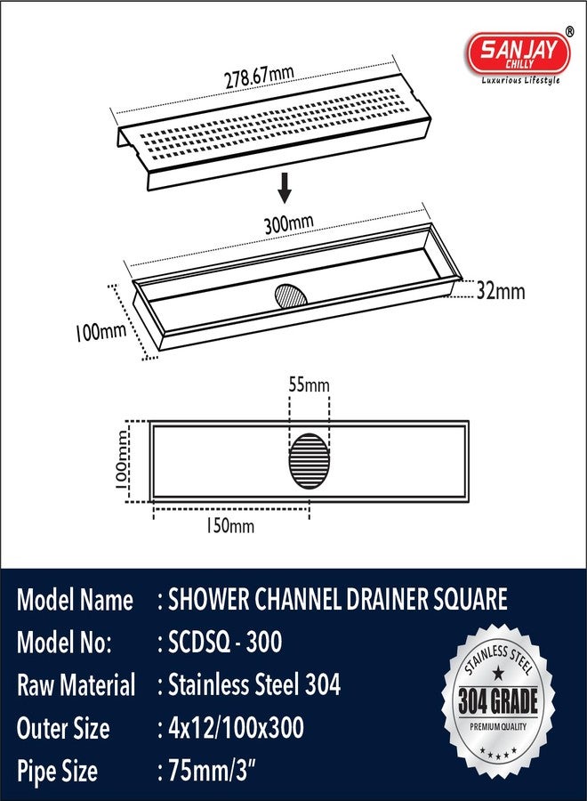 Sanjay Chilly Square Shower Channel Drainer Stainless Steel Premium Collection 304 Grade Waste Water Floor Drain Strainer with Collar & Cockroach Trap Bathroom Gratings (Center Hole - 12 x 4 INCH) - Image 3